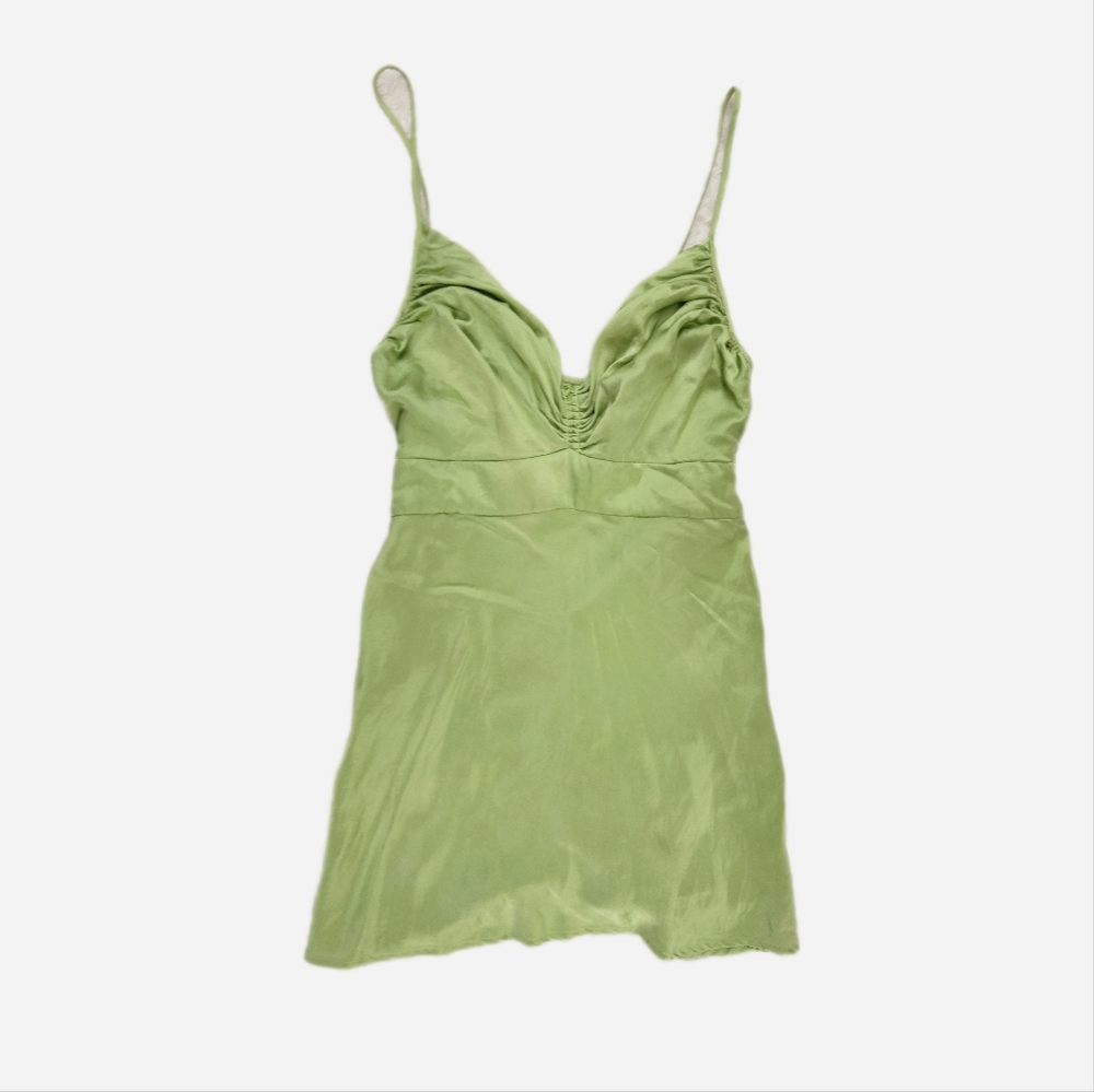 100% Silk Long Slip Cami Top Size 4 Strappy Sleeveless Green Tie Back Y2K Formal